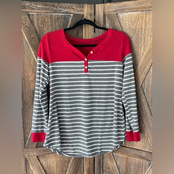 Red, White, Gray Stripe Long Sleeve Henley Top Shirt Fall Winter - Picture 1 of 4
